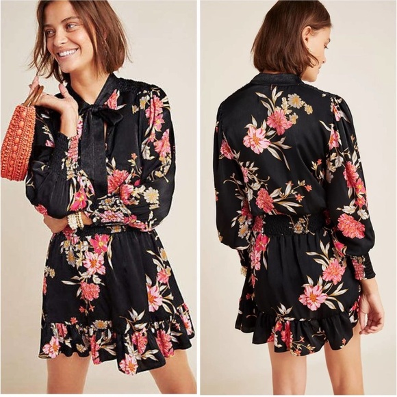 Misa Iyana Floral Tie-Neck Smocked Waist Mini Dress XS - Picture 1 of 12
